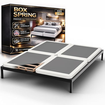 Box Spring Bed Base King Size, 2-Inch Wood Mattress Foundation - Amish Made in USA – Quiet Noise Free, Under Mattress-Support BoxSpring, Fully Assembled, White