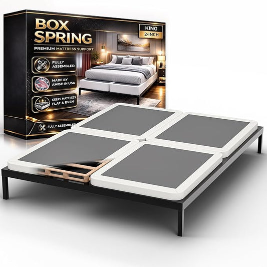 Box Spring Bed Base King Size, 2-Inch Wood Mattress Foundation - Amish Made in USA – Quiet Noise Free, Under Mattress-Support BoxSpring, Fully Assembled, White