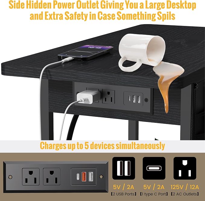 Yenlure Small Side Table with Charging Station, Narrow Nightstand Bedside Tables with Storage Pocket for Living Room Bedroom, Sofa End Table with USB Ports and Power Outlets for Small Spaces