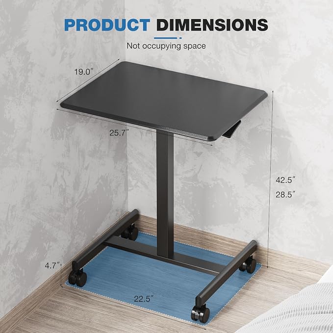 OLIXIS Mobile Standing Desk with Wheels Small Rolling Laptop Desks Portable Pneumatic Adjustable Height Sit Stand Table Computer Workstation for Home Office Black