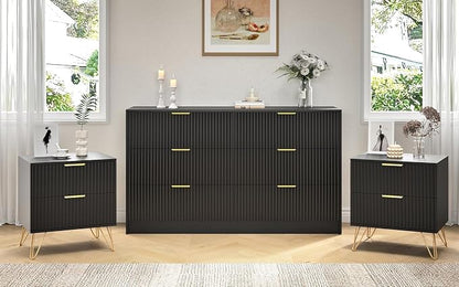 Black Dresser and Nightstand Sets, 6 Drawer Dresser Set for Bedroom 3 Piece, 55” Wide Fluted Wood Dressers W/Metal Handle & Night Stand Set of 2, Modern Bedroom Furniture Sets, Black