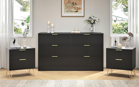 Black Dresser and Nightstand Sets, 6 Drawer Dresser Set for Bedroom 3 Piece, 55” Wide Fluted Wood Dressers W/Metal Handle & Night Stand Set of 2, Modern Bedroom Furniture Sets, Black