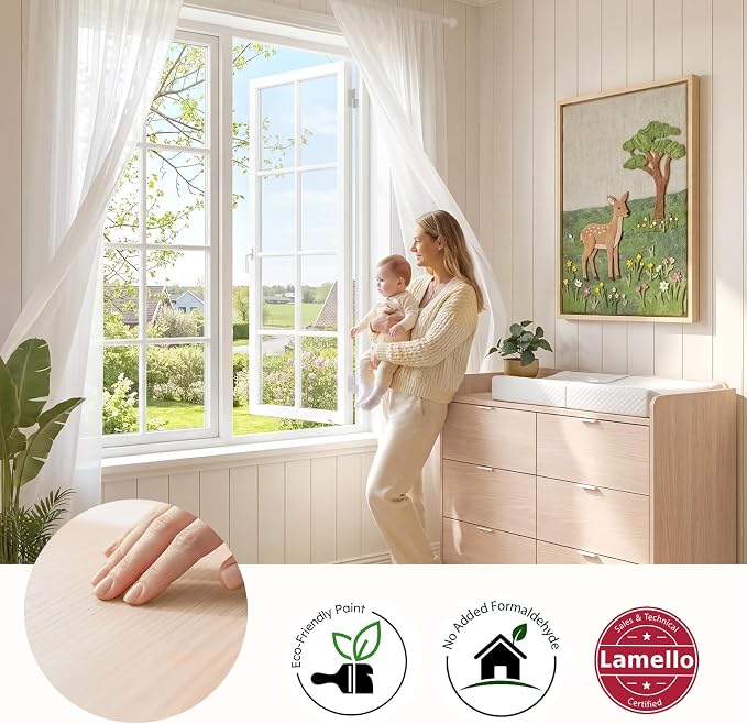 MAMAZING Keeva Pro 6-Drawer Baby Dresser with Changing Table, Easy Assembly | Washed Natural Wooden Nursery Dresser, Anti-Tip Design & Adjustable Feet, Dresser for Bedroom, Kids & Toddlers, 44" Wide