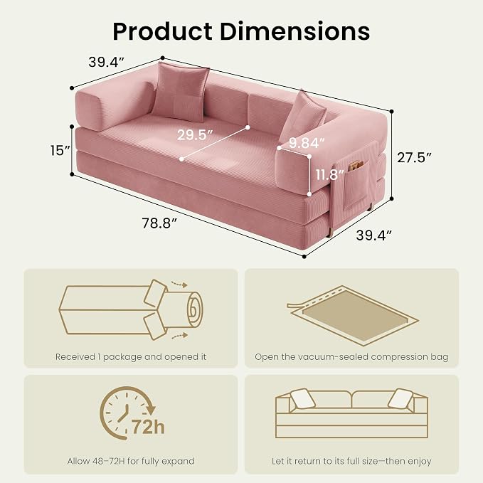 78.8" Convertible Futon Sofa Bed,Corduroy Futon Couch with Storage Pocket,Folding Pull Out Sofa,No Assembly Boneless Couch for Living Room | Pink
