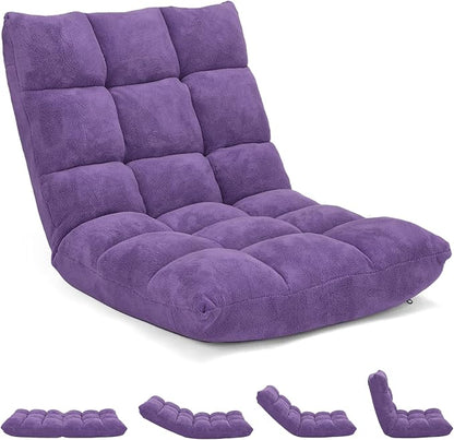 14-Position Floor Sofa, Folding Gaming Sofa Chair, Comfy Cushions & Study Steel Frame, Angle Adjustable Sleeper Bed, Couch Recliner (Purple)
