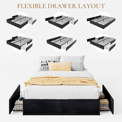 SHA CERLIN Queen Platform Bed Frame with 2 Large Storage Drawers - Heavy Duty Metal & Rustic Wood, Noise-Free, No Box Spring Needed, Black