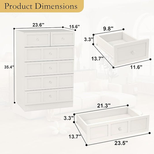 6 Drawer Dresser for Bedroom: 24" Fluted White Dresser Deep Drawers, Modern Chest of Drawers for Bedroom, Fluted Wood Dressers for Living Room, Hallway