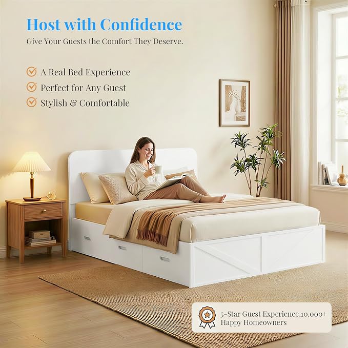 PUREMIND Murphy Bed Full with Mattress Included, Wood Cabinet Bed with Dual Storage Drawers & 2 Pillows, 3-in-1 Convertible Sofa Beds for Small Space, Guest Room, White