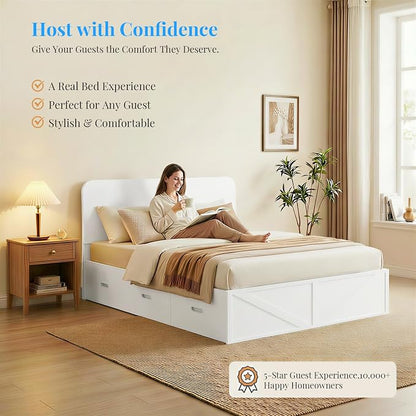PUREMIND Murphy Bed Full with Mattress Included, Wood Cabinet Bed with Dual Storage Drawers & 2 Pillows, 3-in-1 Convertible Sofa Beds for Small Space, Guest Room, White