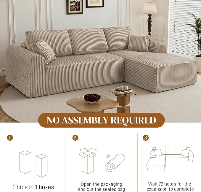 110" L Shaped Boneless Sectional Couches for Living Room, Comfy Corduroy Floor Cloud Sofa with Chaise, Wide Armrest, Deep Seat, Memory Foam, Assembly Free, Ideal for Small Spaces, Brown