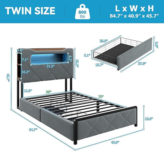 Jocoevol Twin Upholstered LED Bed Frame with 2 Storage Drawers and 2-Tier Storage Bookcase Headboard, Velvet Platform Bed for Kids/Girls/Boys, Corner Bed Frame, Heavy Duty Metal Support, Grey