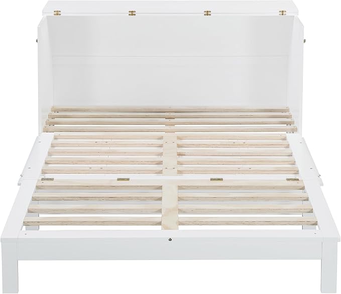 Ball & Cast Murphy Bed Queen Size Bedroom Folding Wall Cabinets Frame with Large Drawer and USB Ports,Hideaway Bed w/Tri-Fold Mattress Design,for Guest Room,Study,Office,White