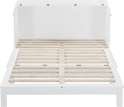 Ball & Cast Murphy Bed Queen Size Bedroom Folding Wall Cabinets Frame with Large Drawer and USB Ports,Hideaway Bed w/Tri-Fold Mattress Design,for Guest Room,Study,Office,White