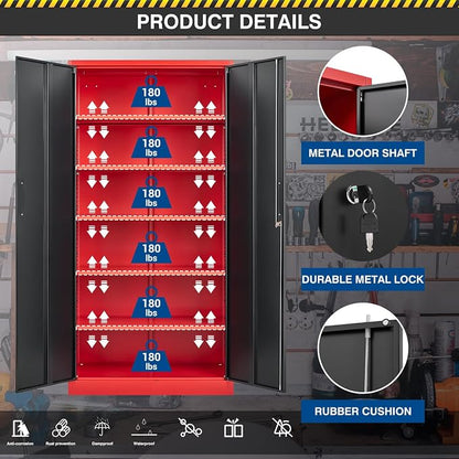Fesbos Metal Storage Cabinet-72” Tall Steel File Cabinets with Lockable Doors and Adjustable Shelves-Black&Red Steel Storage Cabinet for Home, School, Office, Garage