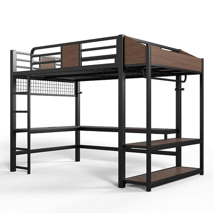 Bellemave Full Size Loft Bed with Desk and USB Ports, Clothes Hanging Rod, LED, Metal Full Loft Bed Frame for Adults, Kids, Teens, Black