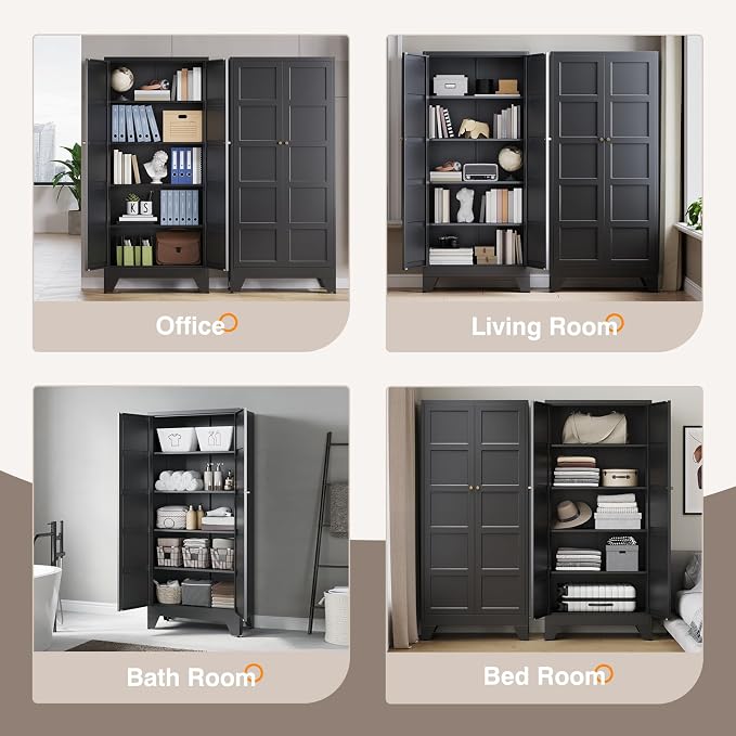 Yizosh Metal Storage Cabinet with 2 Doors and 4 Adjustable Shelves - 71" Black Kitchen Pantry Storage Cabinet,4-Tier Tall Steel Cabinet Locker for Living Room,Dining Room,Kitchen