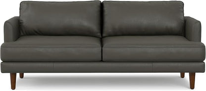 SIMPLIHOME Livingston 76" Wide x 33" High Sofa in Coal Top Grain Genuine Leather, Mid-Century Modern Loveseat for Living Room, Compact 2-Seater with Feather-Wrapped Cushions and Solid Wood Frame