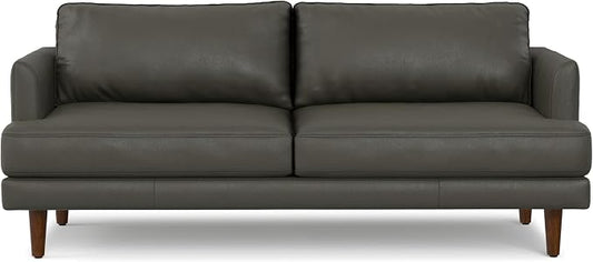 SIMPLIHOME Livingston 76" Wide x 33" High Sofa in Coal Top Grain Genuine Leather, Mid-Century Modern Loveseat for Living Room, Compact 2-Seater with Feather-Wrapped Cushions and Solid Wood Frame