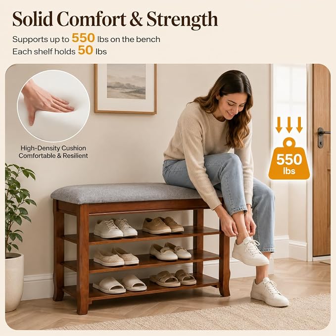 Solid Wood Shoe Bench with Storage, Flip-Top Soft-Close Lid, Adjustable Shelves, Cushioned Entryway Shoe Rack Organizer, 23.6"