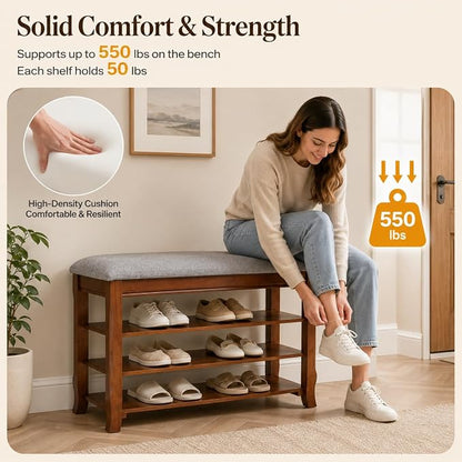 Solid Wood Shoe Bench with Storage, Flip-Top Soft-Close Lid, Adjustable Shelves, Cushioned Entryway Shoe Rack Organizer, 23.6"