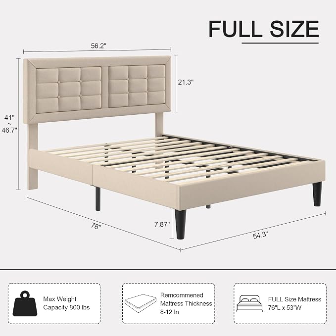 VECELO Full Size Bed Frame, Adjustable Upholstered Button Tufted Headboard, Heavy-Duty Bedframe with Wood Slats Support, No Box Spring Needed, Beige
