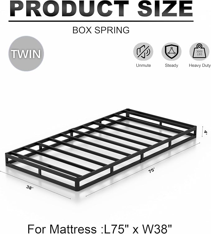 OSASET Twin Box Spring, 4 Inch Metal, Twin Size | Heavy Duty Metal Frame, 3000lbs Support, Easy Assembly, Noise Free, Non Slip