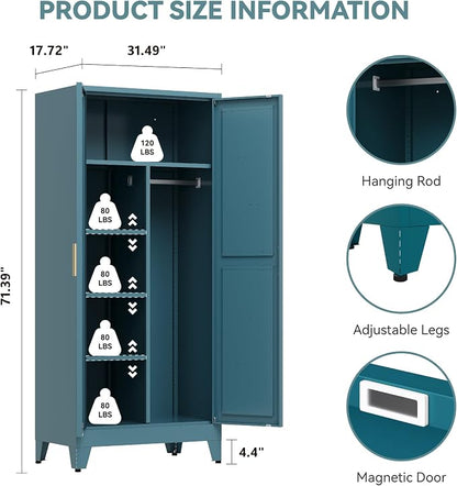 Baborokic 71" Armoire Wardrobe Closet with Hanging Rod,Metal Wardrobe Cabinet with Adjustable Shelves and Doors,Farmhouse Office Cabinets for Bedroom,Office,Laundry,Employee(Blue)