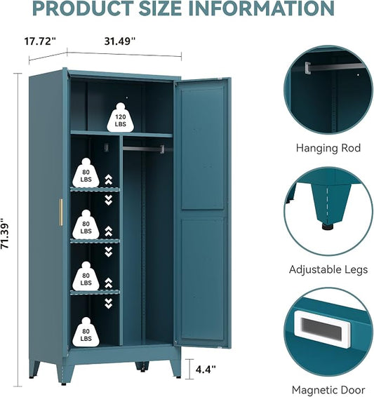 Baborokic 71" Armoire Wardrobe Closet with Hanging Rod,Metal Wardrobe Cabinet with Adjustable Shelves and Doors,Farmhouse Office Cabinets for Bedroom,Office,Laundry,Employee(Blue)