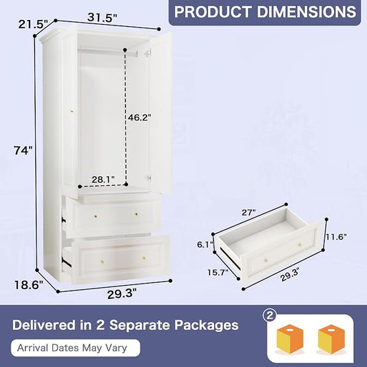 Armoire Wardrobe Closet with Drawers: 74" White Wardrobe with 2 Drawers, 2 Doors Bedroom Armoires with Hanging Rod, Tall Closet Cabinet for Hanging Clothes (31.5")