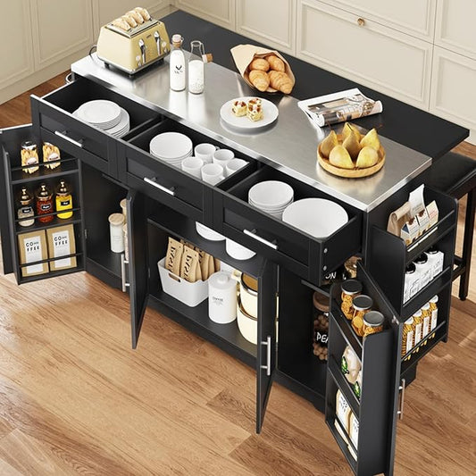 Concho 71'' Kitchen Island with Seating and Stainless Steel Countertop, Rolling Kitchen Carts on Wheels with Folding Drop Leaf, Bar Stool, Power Outlet, Spice/Towel Rack, Black