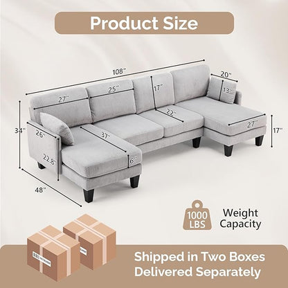 VINGLI 108" W U-Shaped Sectional Couches for Living Room, Sturdy Wooden Armrest Corduroy Cloud Couch with Double Chaise, High Support Modern 4-Seat Sectional Sofa for Apartment, Offices, Light Grey