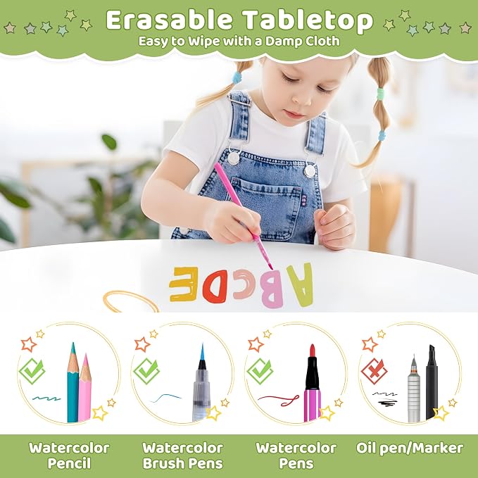 DOREROOM Kids Table with Storage, Wooden Kids Play Table with 2 Canvas Drawers, Round Toddler Activity Tables with Double Sided Desktop for Ages 3-8, Building Blocks, Toddler Desk for Bedroom/Nursery