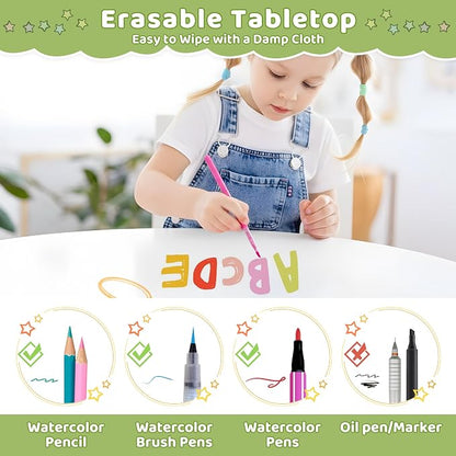 DOREROOM Kids Table with Storage, Wooden Kids Play Table with 2 Canvas Drawers, Round Toddler Activity Tables with Double Sided Desktop for Ages 3-8, Building Blocks, Toddler Desk for Bedroom/Nursery