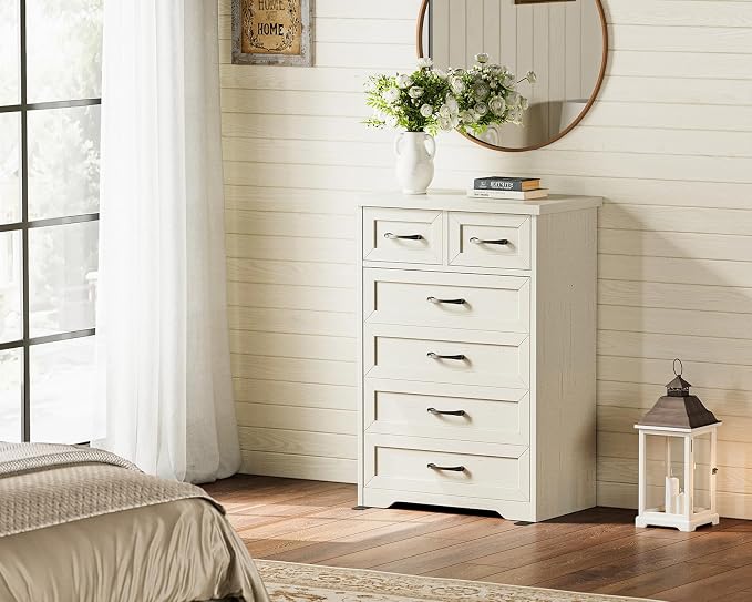 AODK Farmhouse Tall 6 Drawer Dresser for Bedroom, 5-Tier Vertical Storage Chest with Mixed Drawers, Engineered Wood Frame with Anti-Tip Safety, American Country Furniture, Vintage White