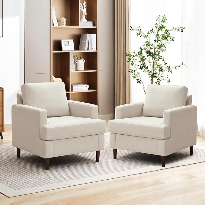 Weture Mid-Century Accent Chair,Modern Linen Fabric Armchair for Living Room,Comfy Upholstered Reading Accent Chairs for Bedroom,Single Sofa Chair with Wood Legs (Beige, 1 Pack)