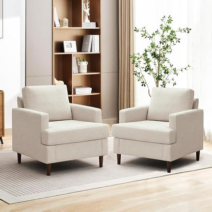 Weture Mid-Century Accent Chair,Modern Linen Fabric Armchair for Living Room,Comfy Upholstered Reading Accent Chairs for Bedroom,Single Sofa Chair with Wood Legs (Beige, 1 Pack)