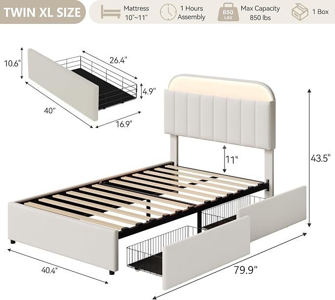 Garvee Twin XL Size Bed Frame with 2 Flexible Drawers, Velvet Upholstered Platform Bed Frame with Bookcase Headboard and LED Lights, Kids Bed for Girls, Easy Assembly, Noise Free, Beige