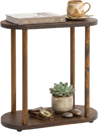 Oval Solid Wood Narrow Side Table, Slim End Table, Small Coffee Table (Dark Walnut, Medium)
