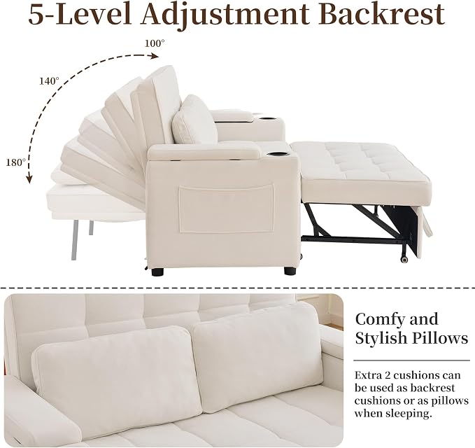 Korser 55.5'' 3-in-1 Convertible Sofa Bed, Pull Out Couch with 5-Position Adjustable Backrest, Loveseat Sleeper Sofa for Small Spaces, Sofa Couch with Cup Holders for Living Room, Office, Chenille