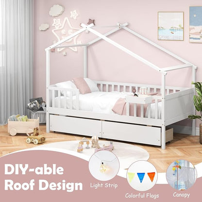 Giantex Twin House Bed with Drawers, Wooden Twin Bed Frame with Cube Storage & Fence Rails, Montessori Beds for Kids Boys, Girls, Bedroom, Living Room, No Box Spring Needed, White