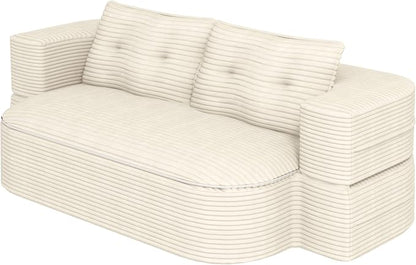 78.7" Futon Sofa Bed, 2-in-1 Foldable Sleeper Sofa, Convertible Floor Couch with Pillows, Corduroy Couch with Multi Functional Blanket Upholstered Boneless Couches for Living Room, Cream Beige