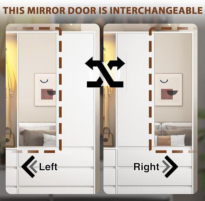 White Wardrobe Closet with Mirror and LED Light, Armoire Wardrobe with 6 Drawers, Hanging Rod, Open Shelves, Freestanding Bedroom Storage Cabinet