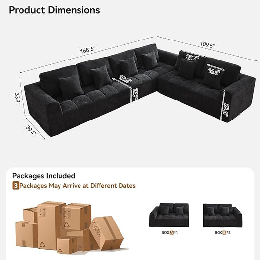 140''Modular Sectional Couches for Living Room, Cloud Boneless Compressed Sectional Sofa, Oversized L Shaped 6 Seater Upholstered Memory Foam Sofa, No Assembly, Chenille Black