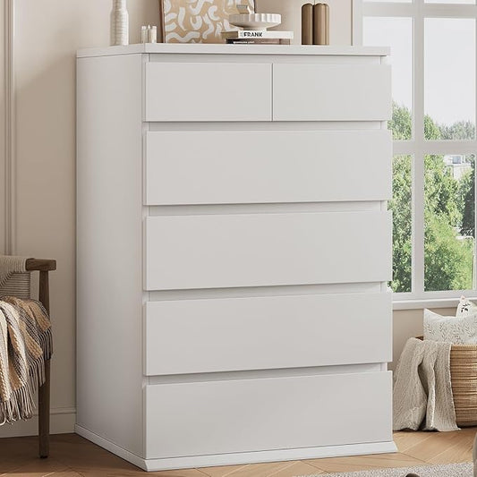 Jocoevol White Tall 6 Drawer Dresser for Bedroom,Dressers & Chests of Drawers with Jewelry Storage,Wood Storage Dresser with Deep Drawers for Living Room Hallway Entryway(40.75" L*23.62" W*15.75")