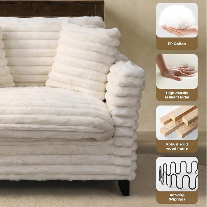 ERYE 46.9" Corduroy Upholstered Accent Chair Wide Seat Armchair for Living Room Bedroom, Modern Cloud Cushion Armchair W/ 2 Pillows and Wooden Legs for Home Apartment Office