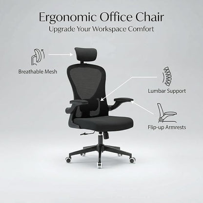 Office Chair with Adjustable Lumbar Support & Flip-Up Armrests -Ergonomic High Back Computer Desk Chair with Thickened Seat Cushion, Rolling Wheels for Home/Office Study Work (02H-Black)