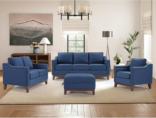 HAOMARKETS 4-Piece Living Room Sofa Set with Coffee Table, Vintage Rivet Couch Sets with Solid Wood Legs, Sofas Furniture of Ottoman with Storage Space, Armchair, Loveseat and 3-Seat Sofa, Blue