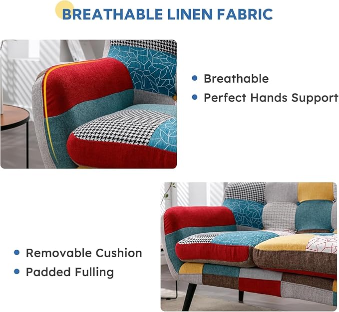 Bonzy Home Modern Boho Loveseat Couch Sofa Chair Set of 2 for Living Room Bedroom, Upholstered Colorful Plaid Fabric 2-Seat Love Seat Sofa with Wood Leg for Small Space