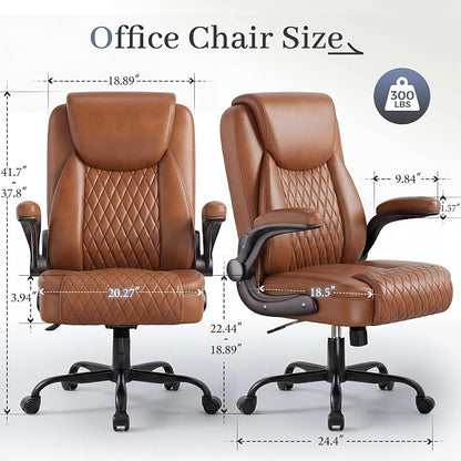 GTPOFFICE Executive Office Chair with Comfortable Lumbar Support, Ergonomic Gaming Chair with Flip-up Armrests & Zoned Pressure-Relief Cushion, Comfy PU Leather Desk Chair, Brown