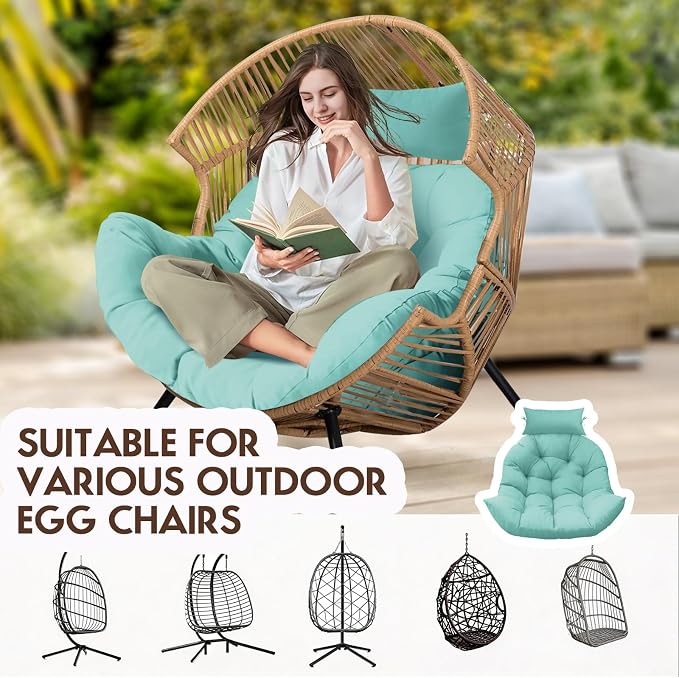 Outdoor Hanging Egg Chair Cushion Replacement, Thicken Egg Chair Cushion Waterproof Basket Eggs Chairs Cushion with Headrest Pillow, U-Shaped Cushions for Hanging Eggs Chairs Swing (Teal)